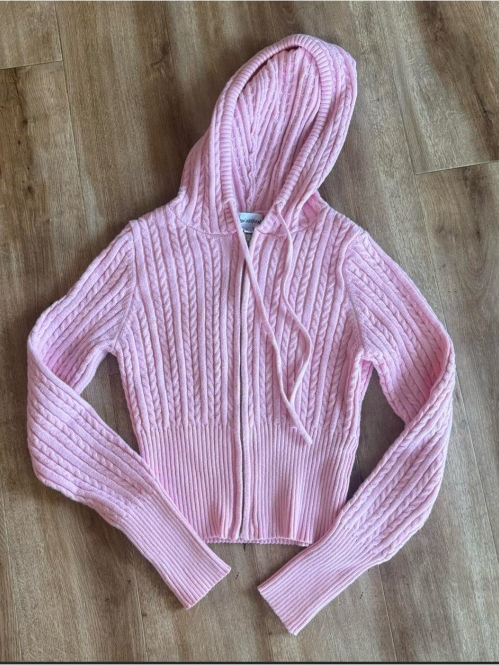 Pink Cable-Knit Hooded Sweater